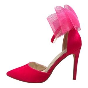 Hot Pink Satin Pointed Toe Heels Oversized Mesh Bow & Ankle Strap 9.5 Valentine